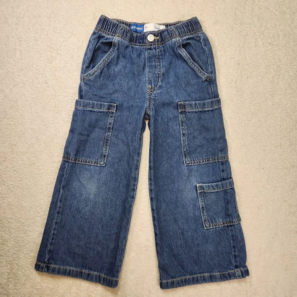 Old Navy Girls Size 5 High Rise Wide Leg Denim Jeans Bundle Cargo Adjustable